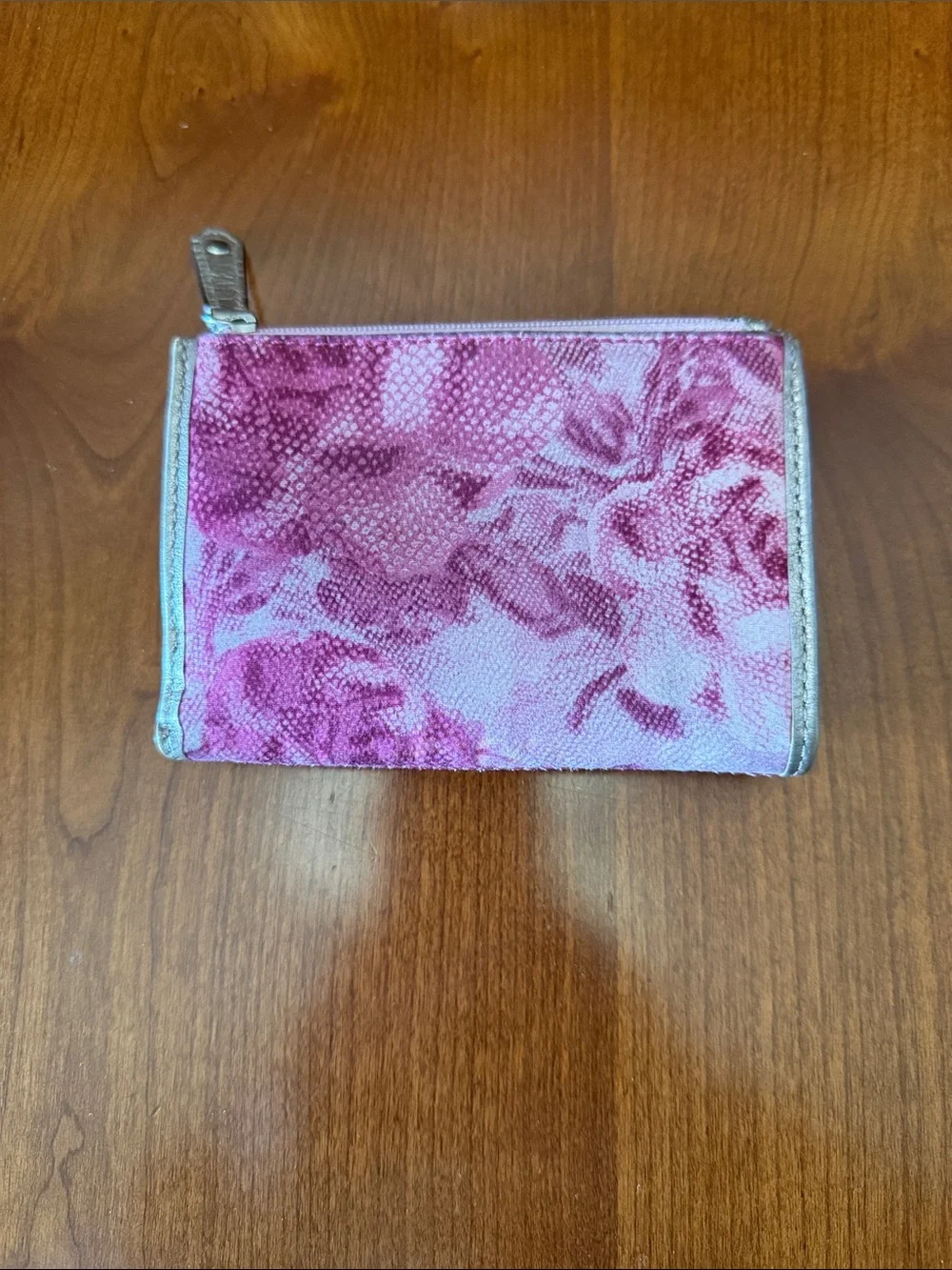 Coach Pink Floral Canvas Wallet with Metallic Silver Trim